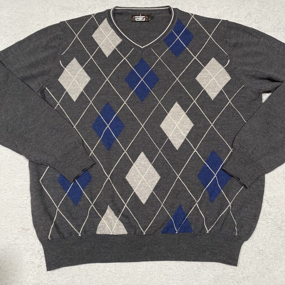 Black Brown 1826 Merino Wool Sweater‎ Mens XL Gray Argyle Long Sleeve Italy